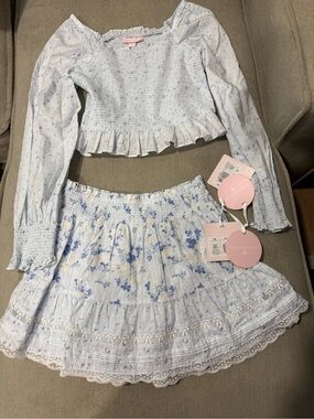 LoveShackFancy Girls size 14 Pale Blue Floral Smocked Mini Skirt Set